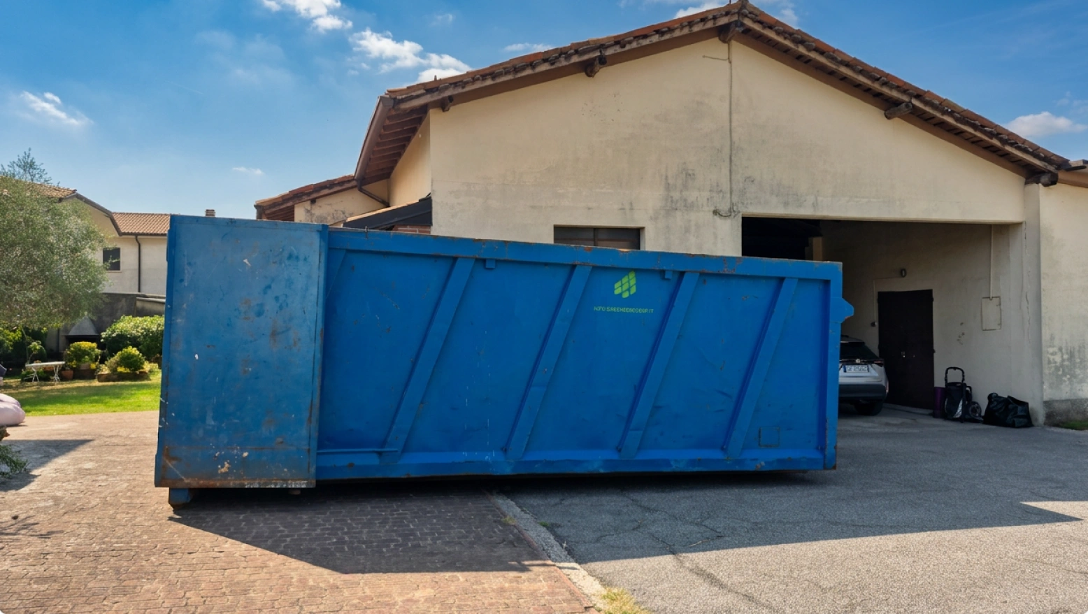 Sgombero di un immobile comunale a Prevalle: cassone scarrabile blu nel cortile per lo smaltimento di mobili e rifiuti