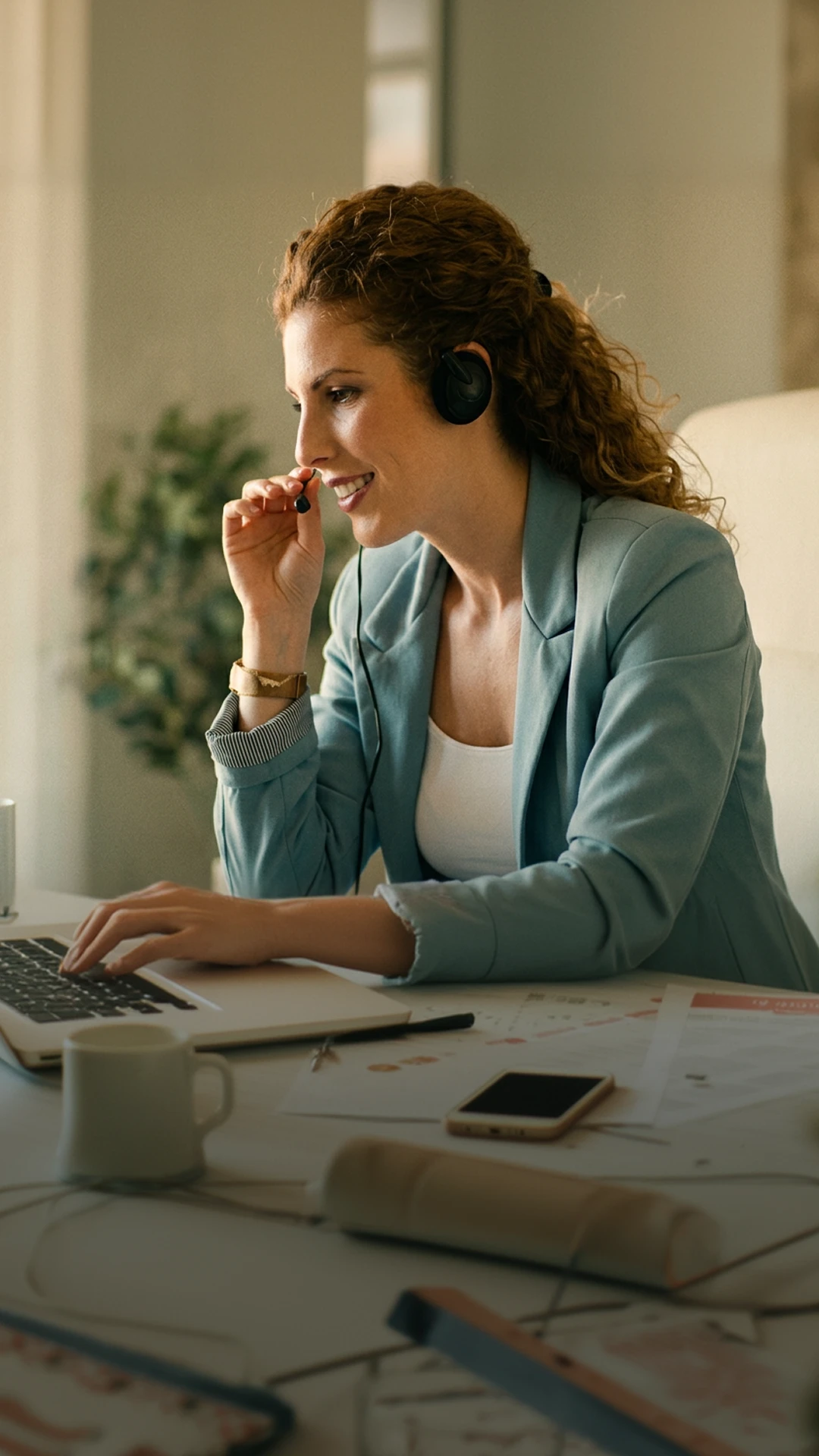 Operatrice del servizio clienti dell'impresa di pulizie Pulidream al computer