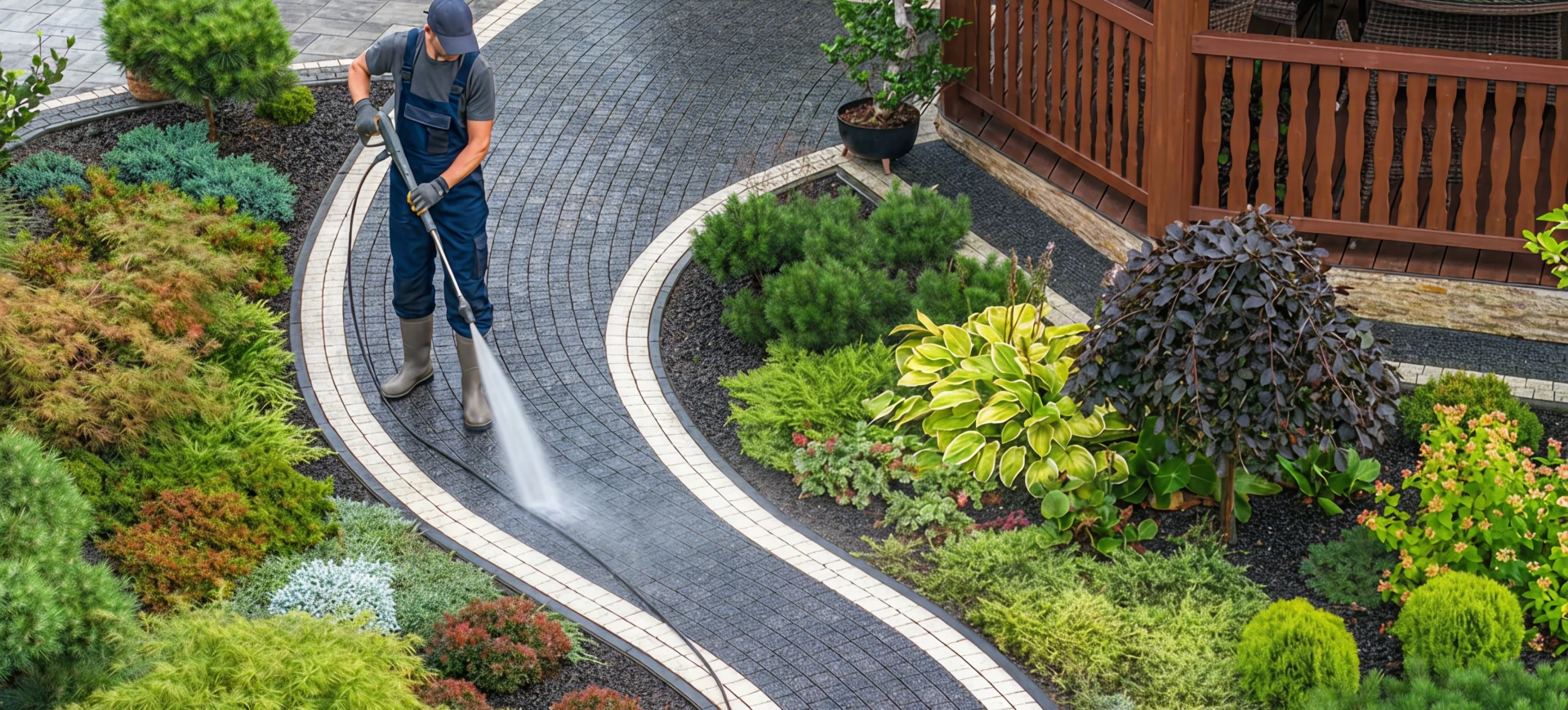 Pulizie sostenibili: lavaggio di un vialetto in giardino con idropulitrice