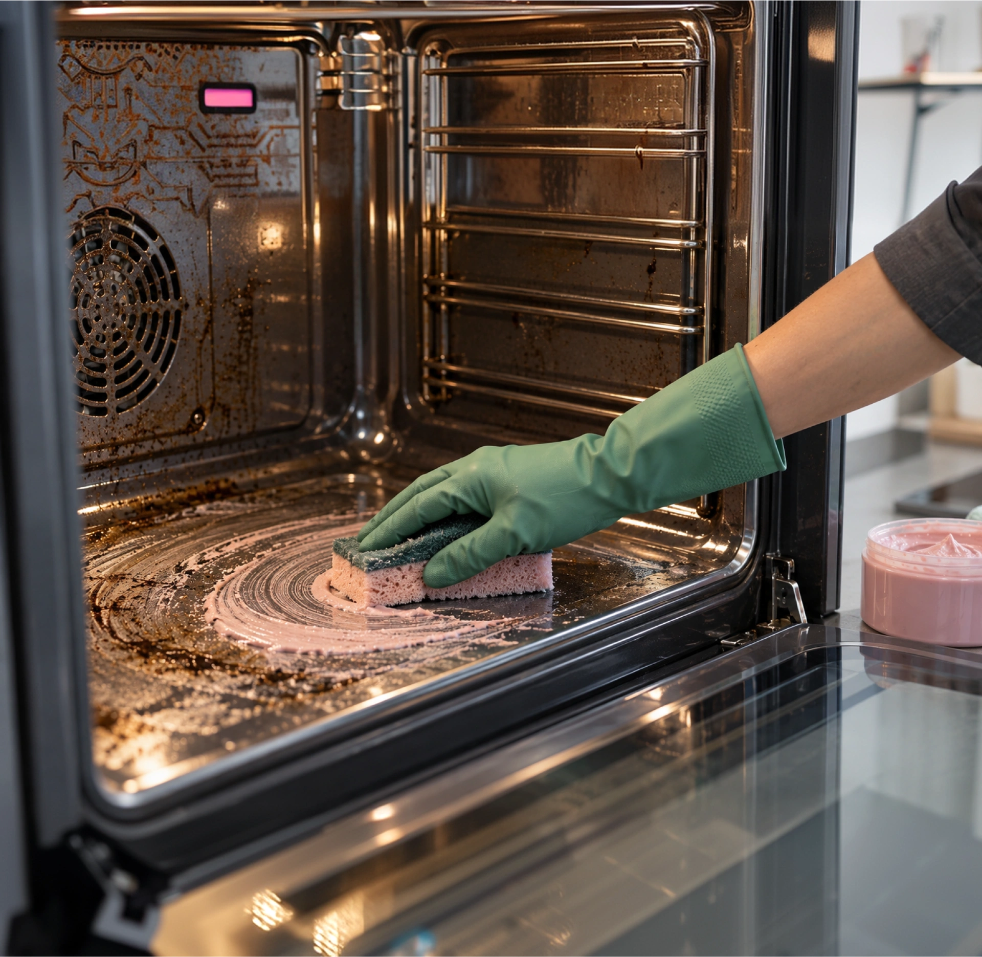 Pulizia dell'interno di un forno con spugna e detergente professionale