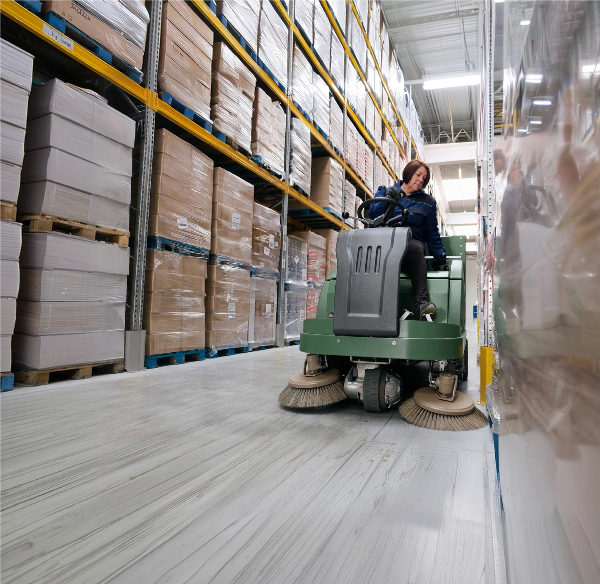 Logistica di magazzino: spazzatrice industriale tra le scaffalature