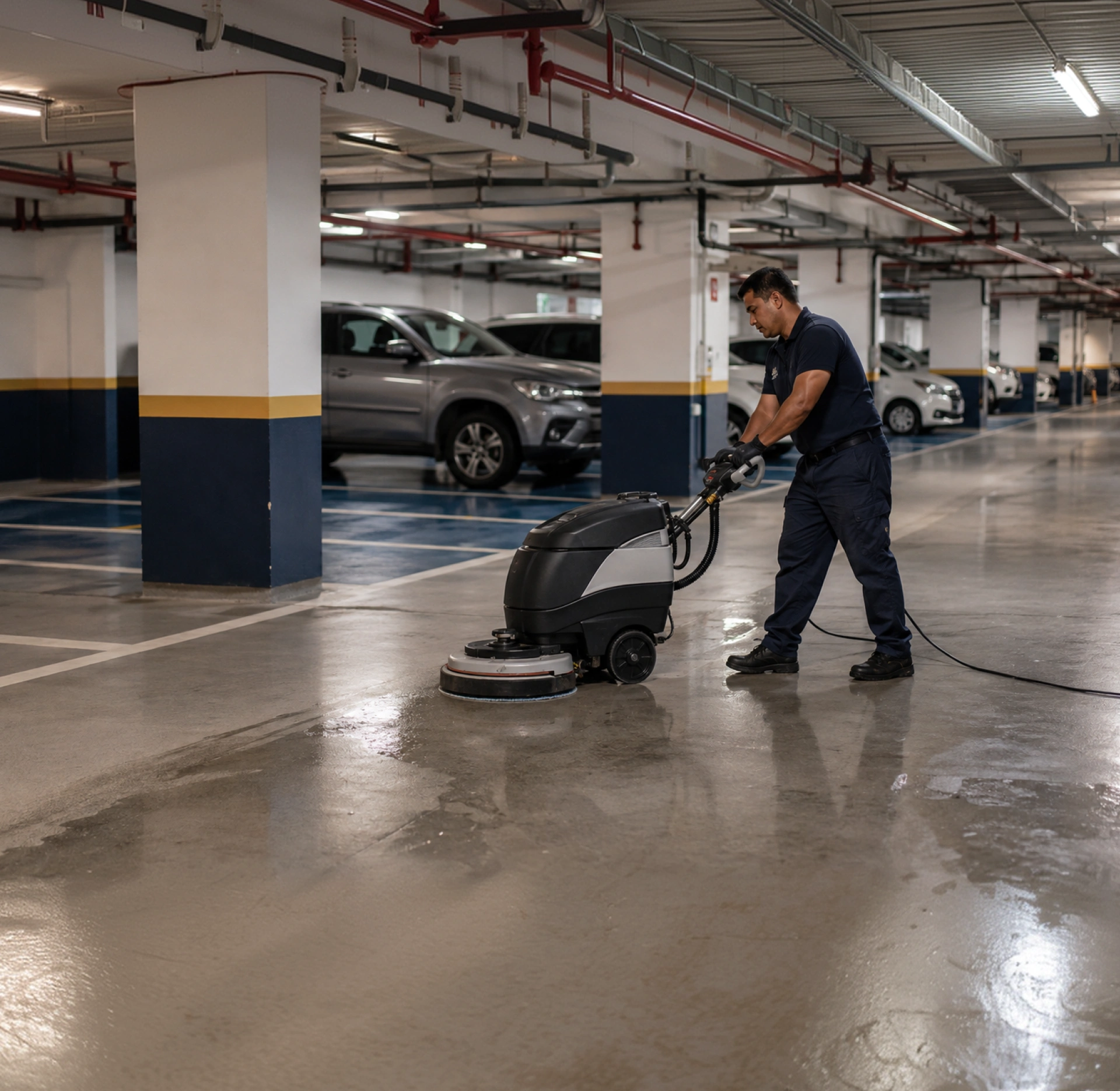 Pulizia del garage condominiale con lavasciuga