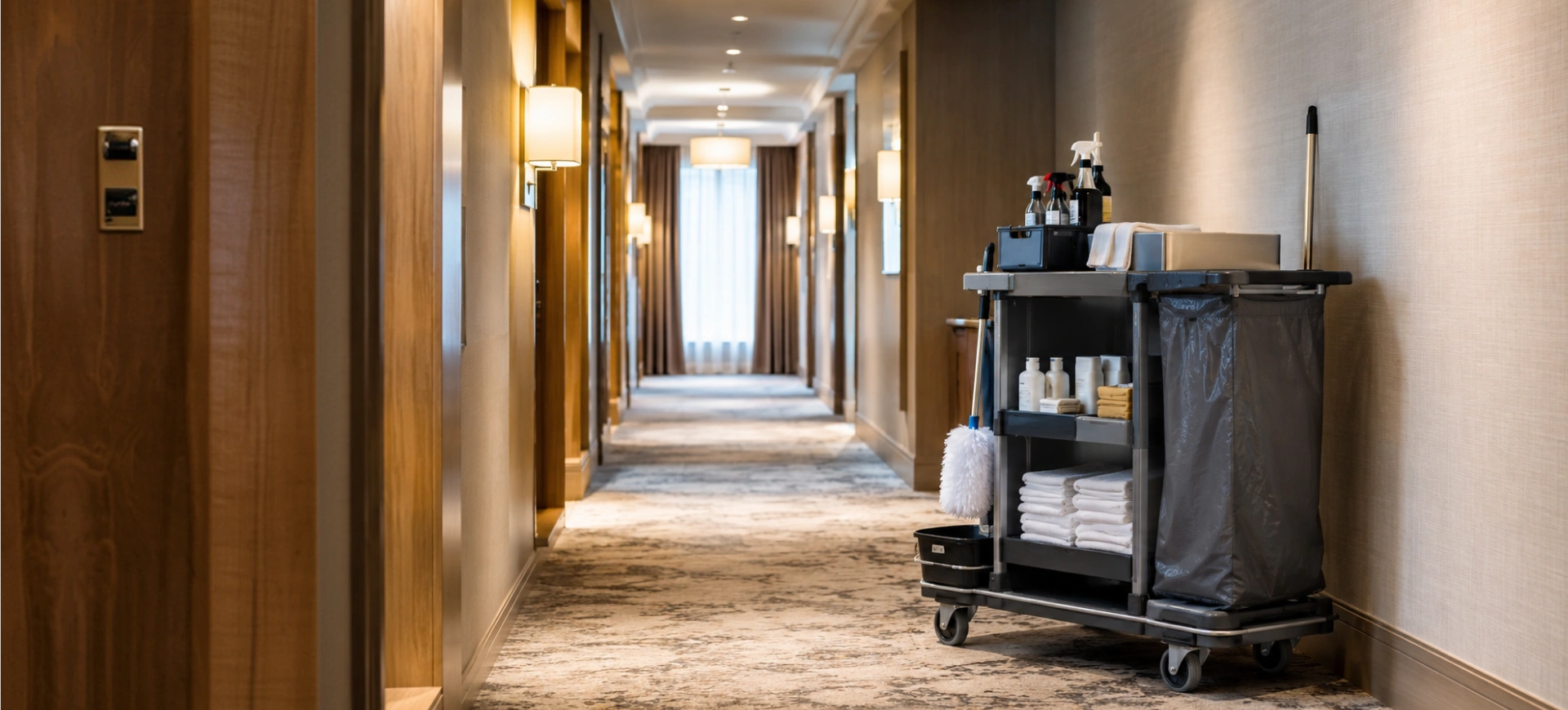 Pulizia hotel: carrello delle pulizie nel corridoio delle camere