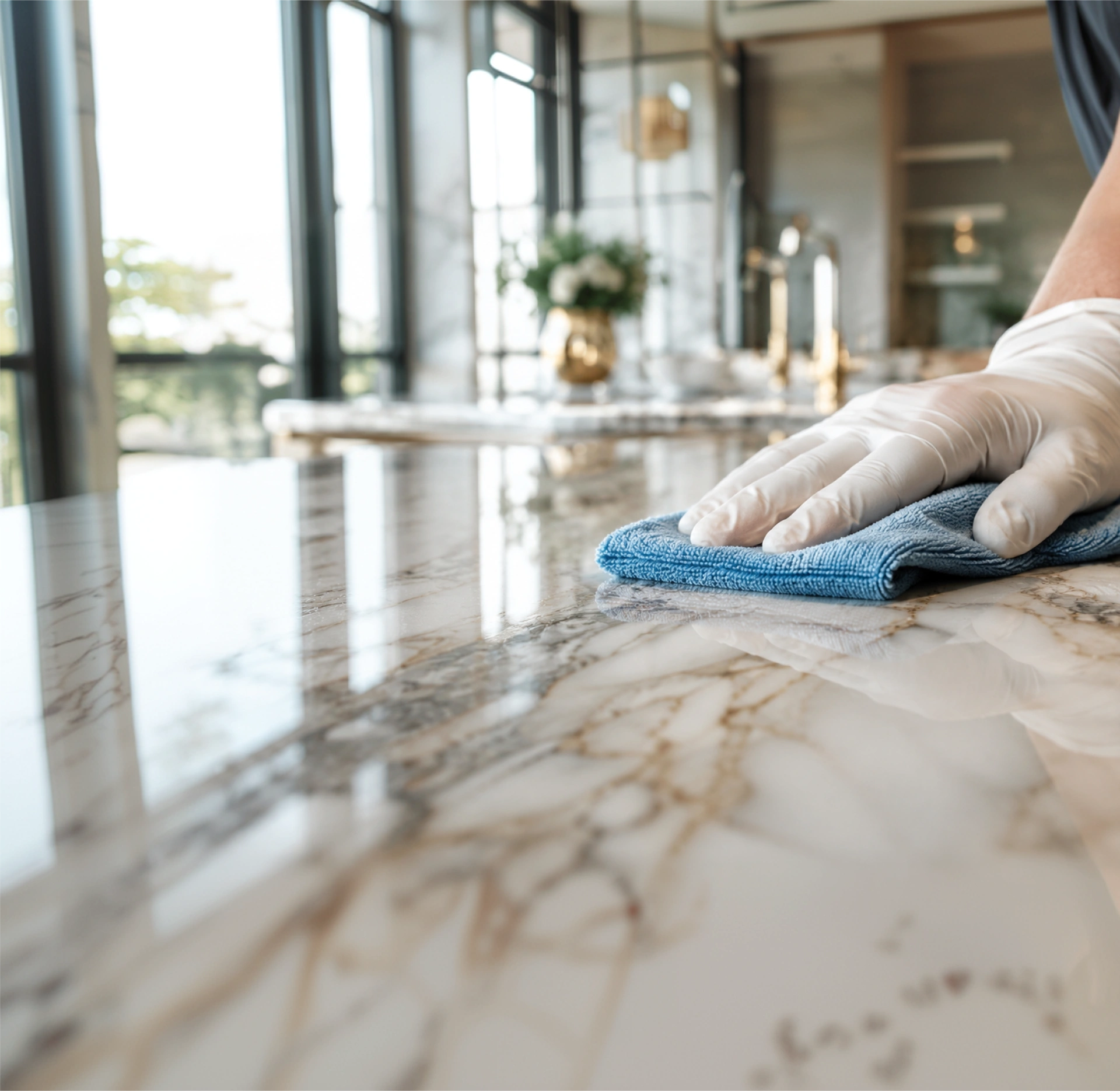 Pulizie domestiche: pulizia di un piano in marmo con panno in microfibra