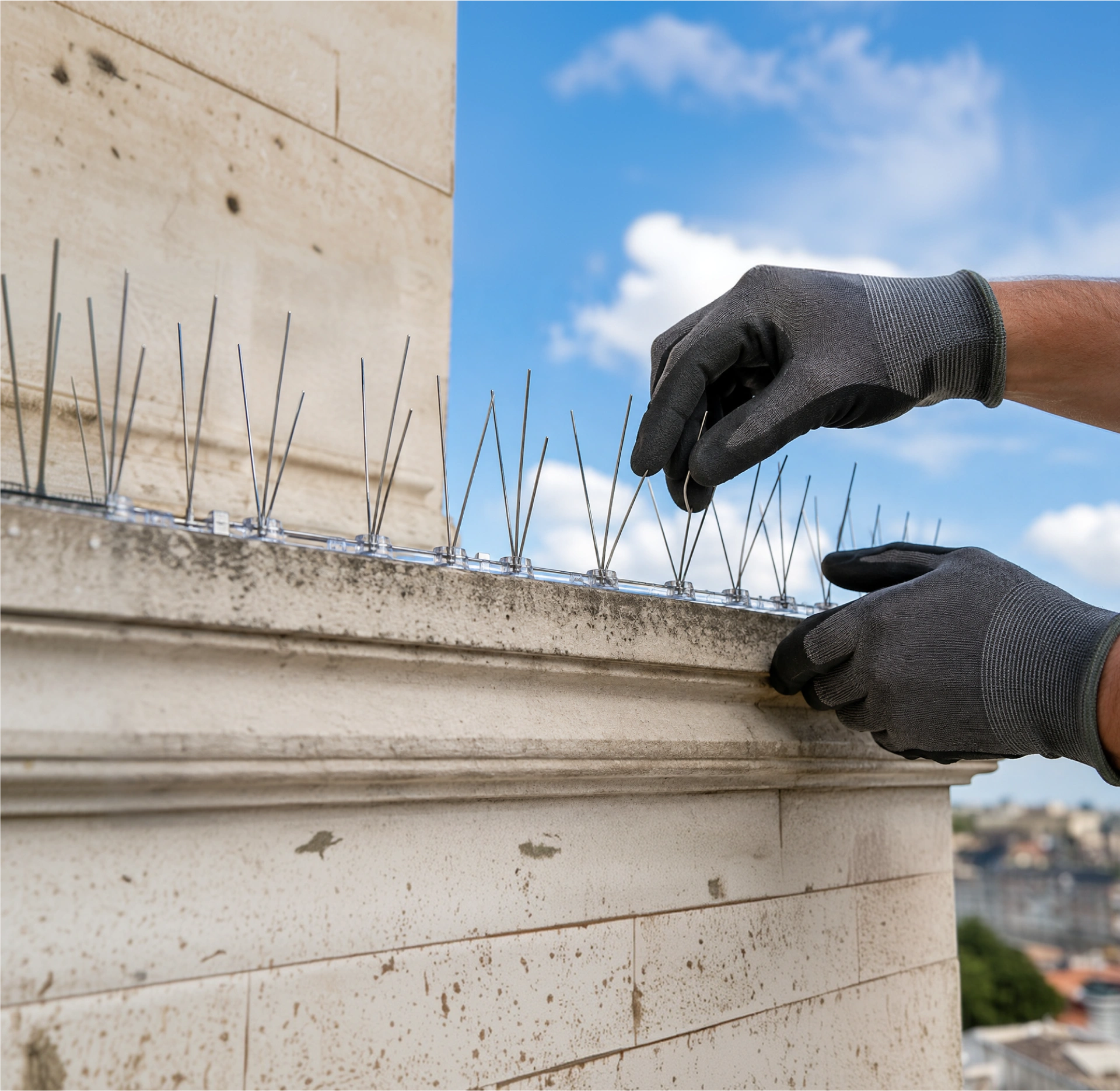 Pest control: installazione di dissuasori anti-piccione su un cornicione