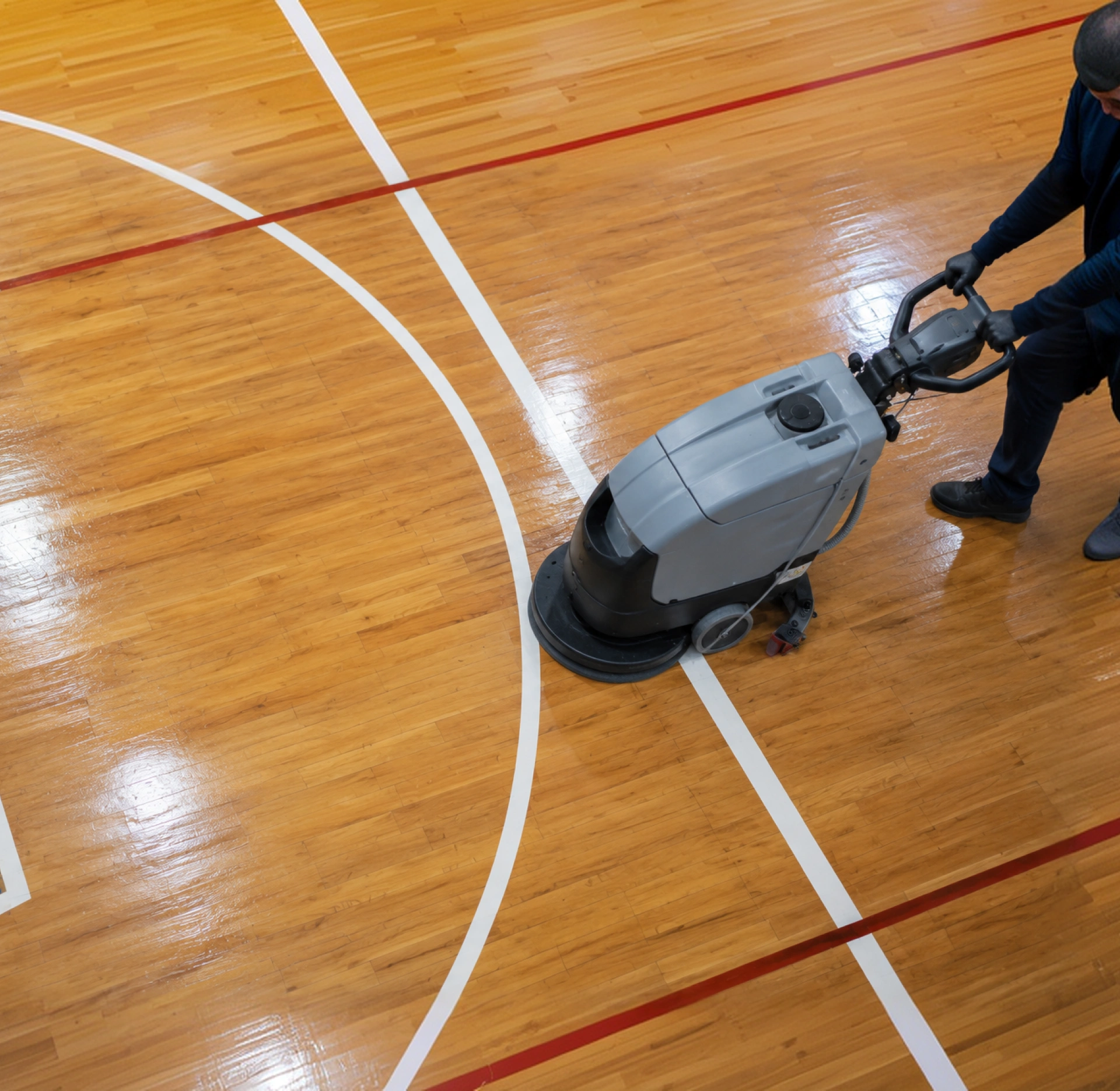Pulizia palestre: lavasciuga sul parquet di un campo da basket