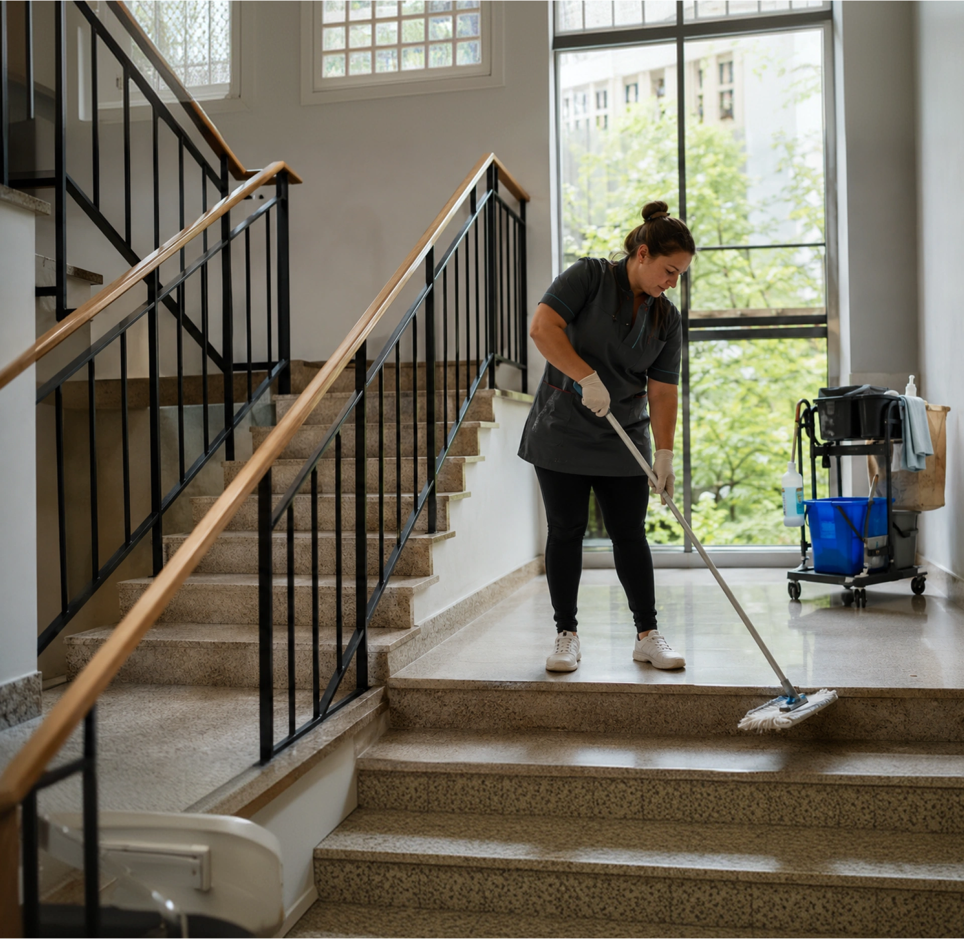 Pulizie ordinarie delle scale di un condominio con mop e carrello