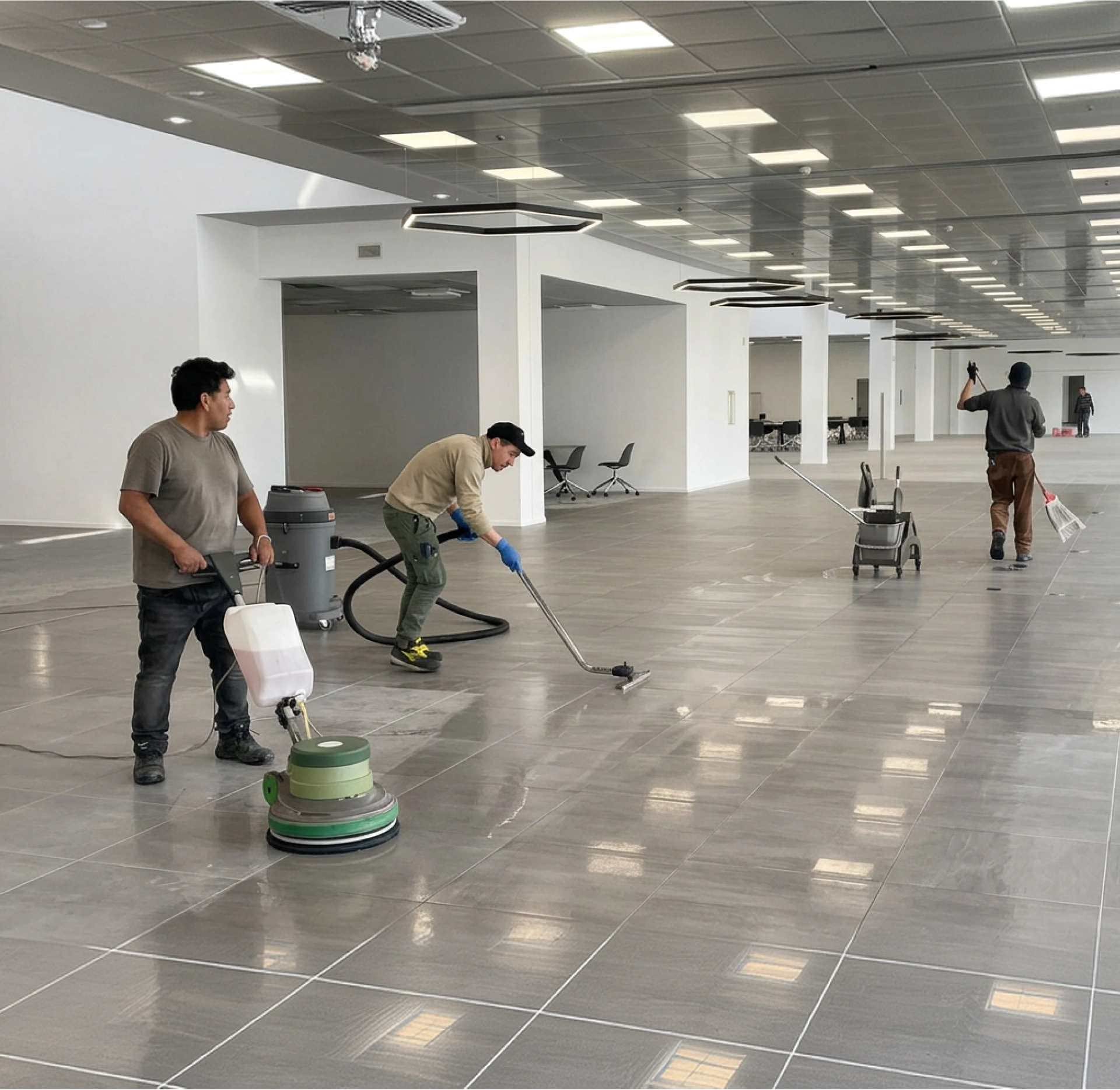 Pulizia nuove costruzioni: squadra lucida e aspira i pavimenti prima della consegna