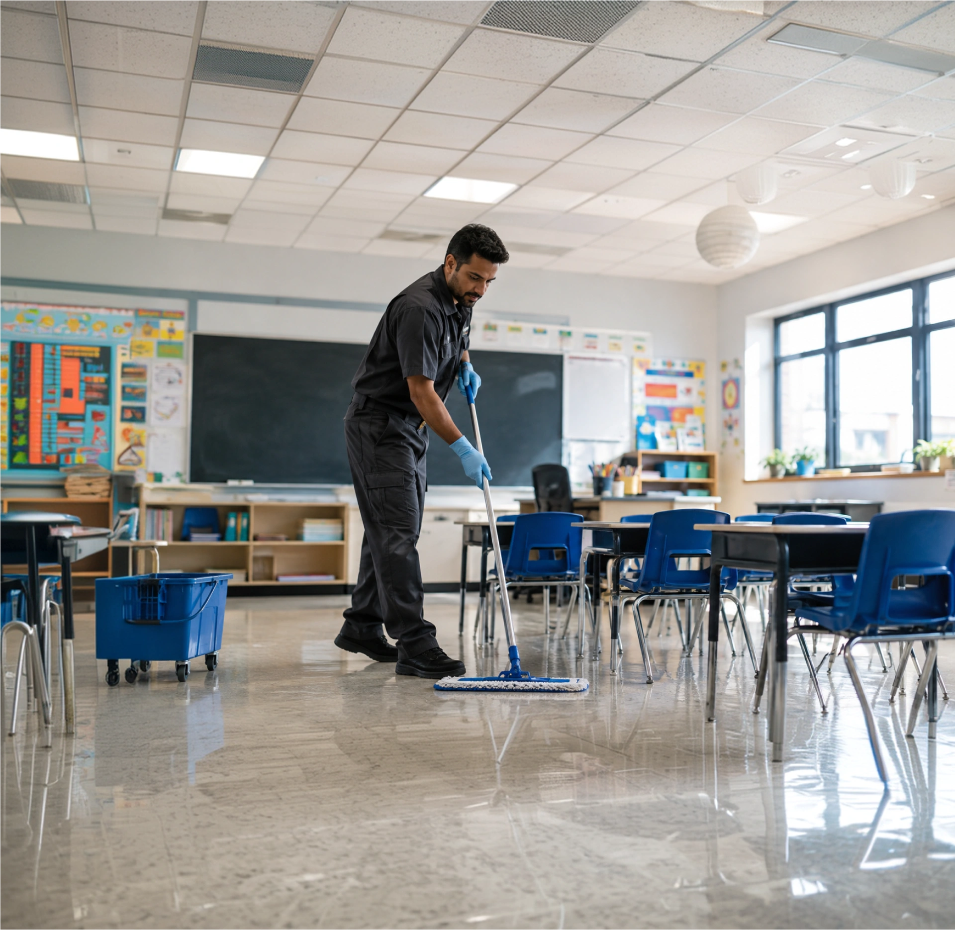 Pulizia scuole: operatore lava il pavimento dell'aula con mop