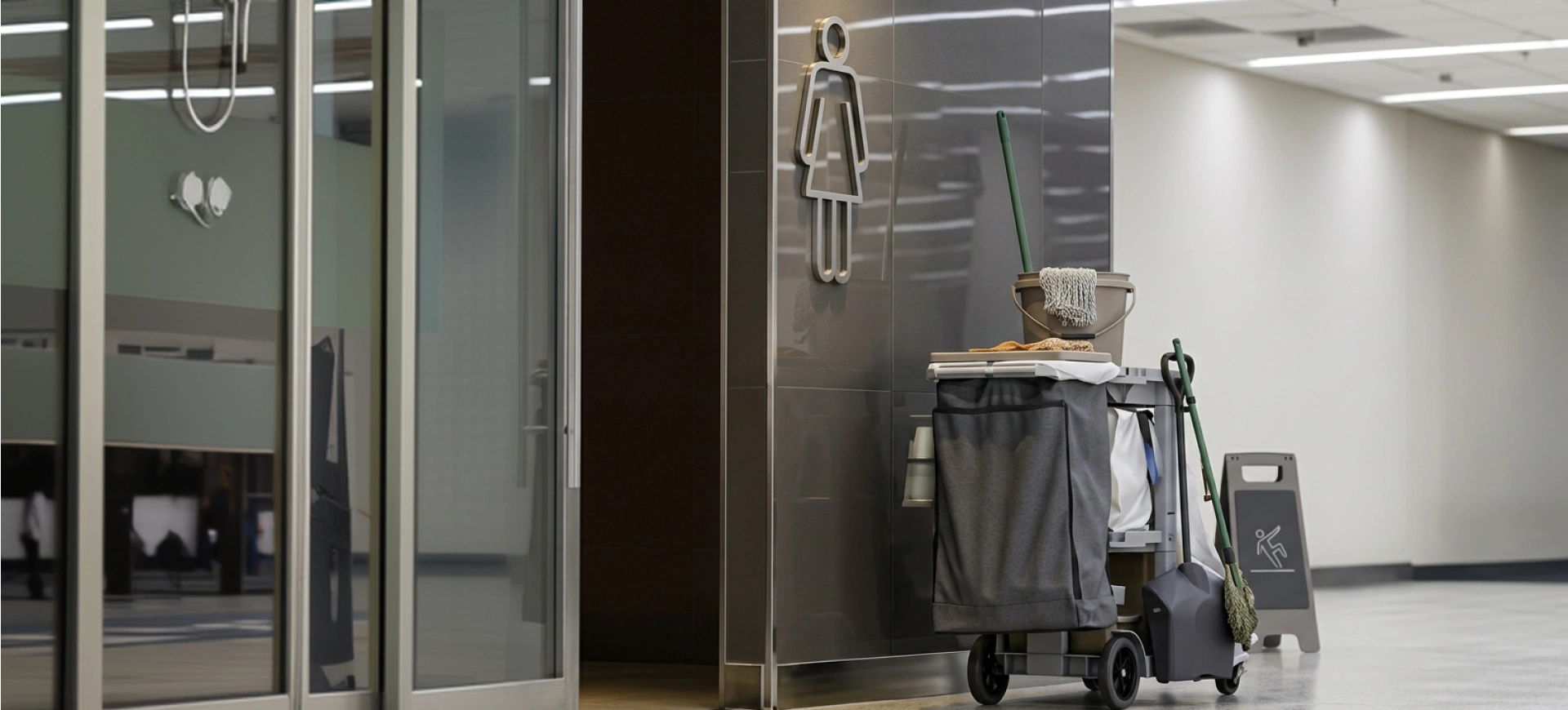 Pulizie negozi e centri commerciali: carrello davanti ai servizi igienici