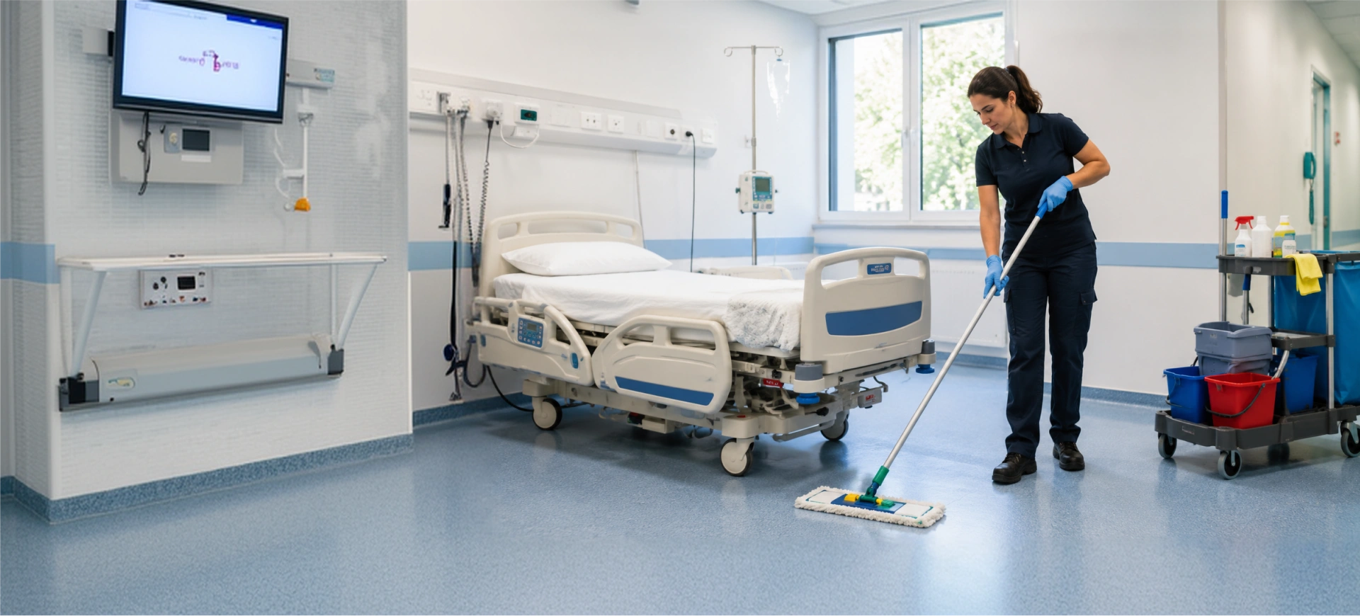 Pulizia strutture sanitarie: lavaggio del pavimento di una camera d'ospedale