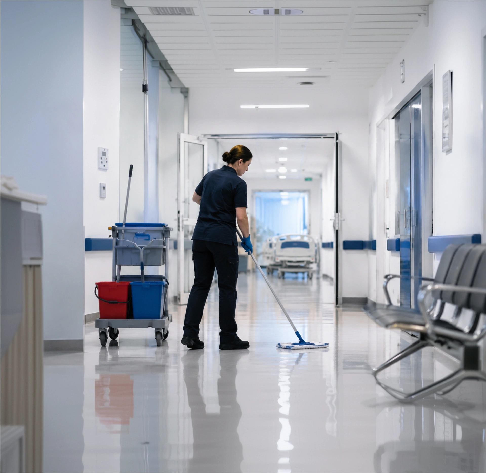 Pulizia del corridoio di una struttura sanitaria