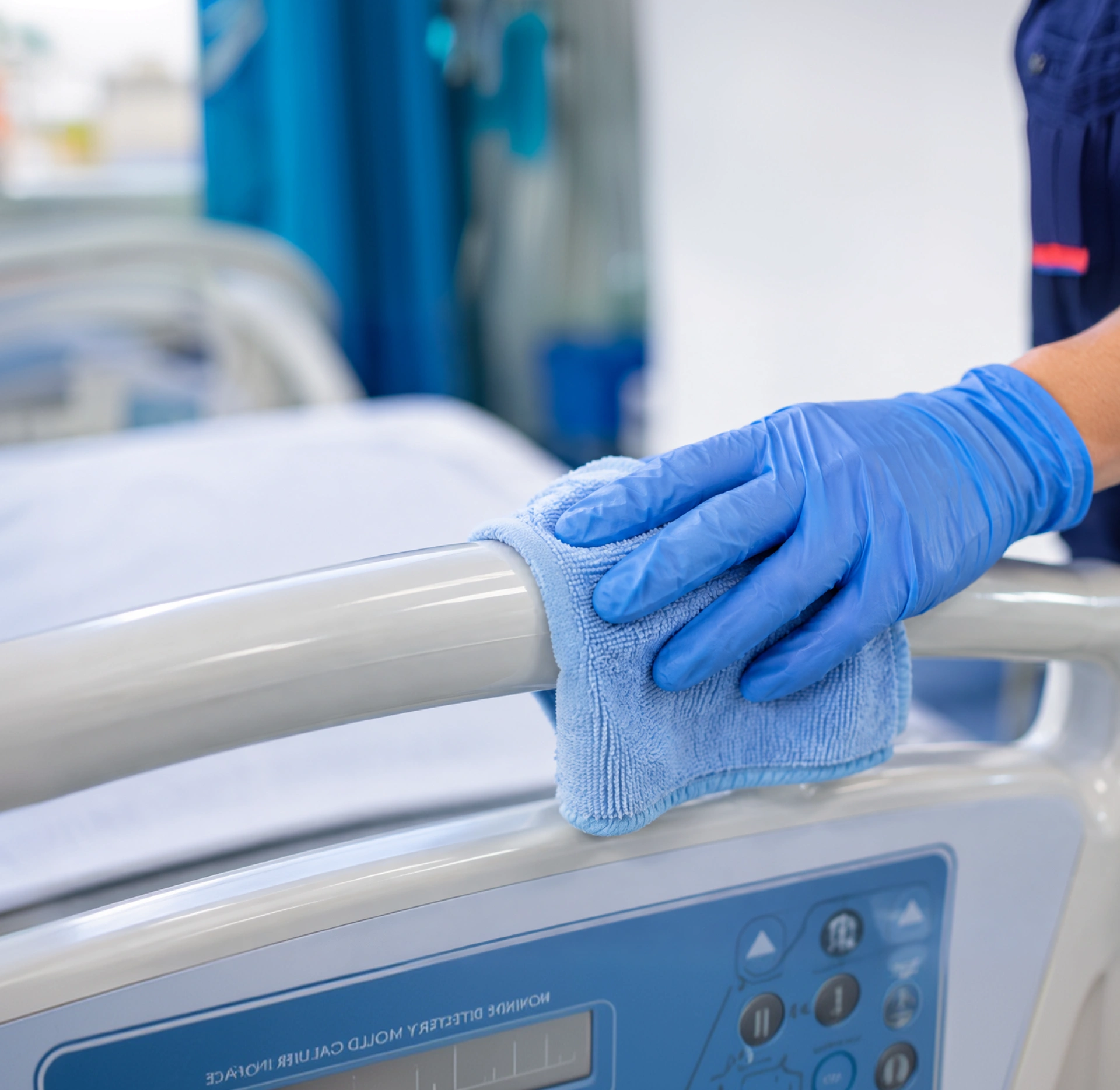Sanificazione ambienti sanitari: igienizzazione della sponda di un letto ospedaliero