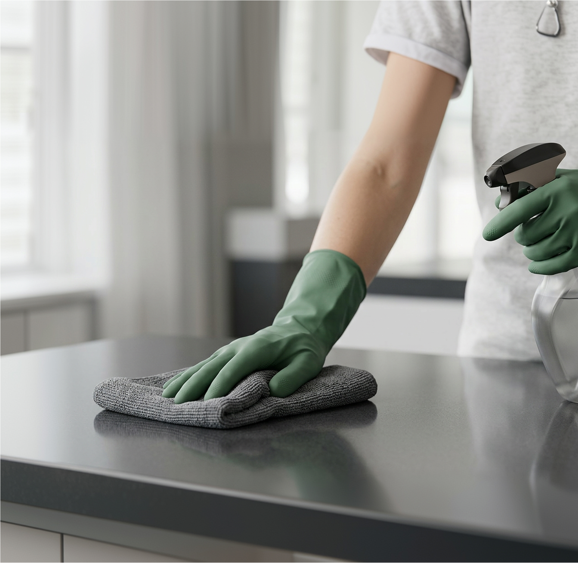 Pulizia professionale di un piano di lavoro con panno in microfibra e detergente spray