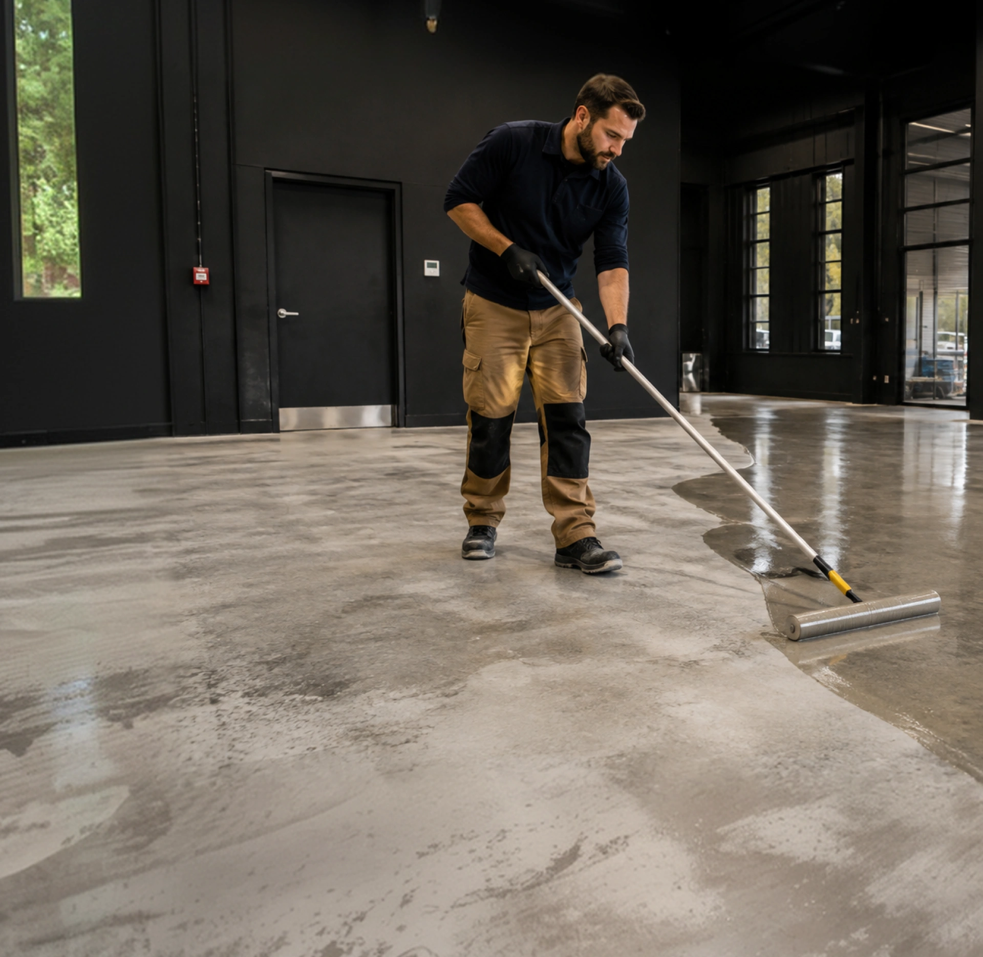 Resine per pavimenti industriali: stesura del trattamento con rullo