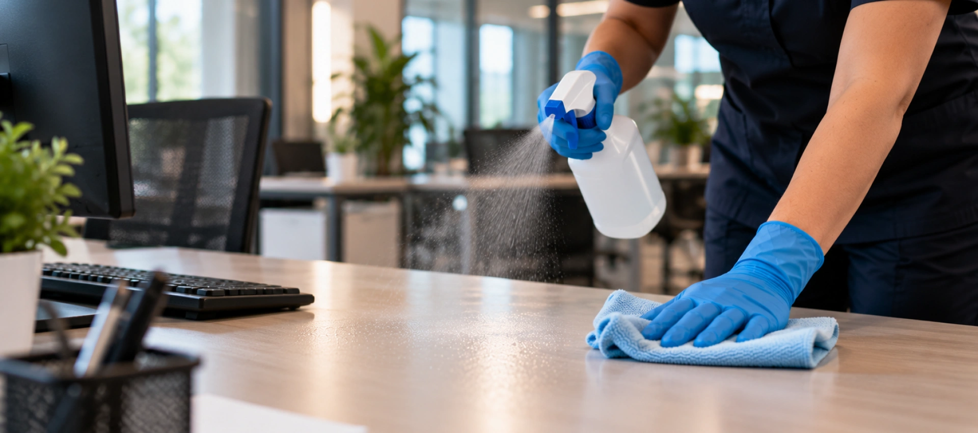 Pulizie urgenti in ufficio: sanificazione di una scrivania con panno e spray