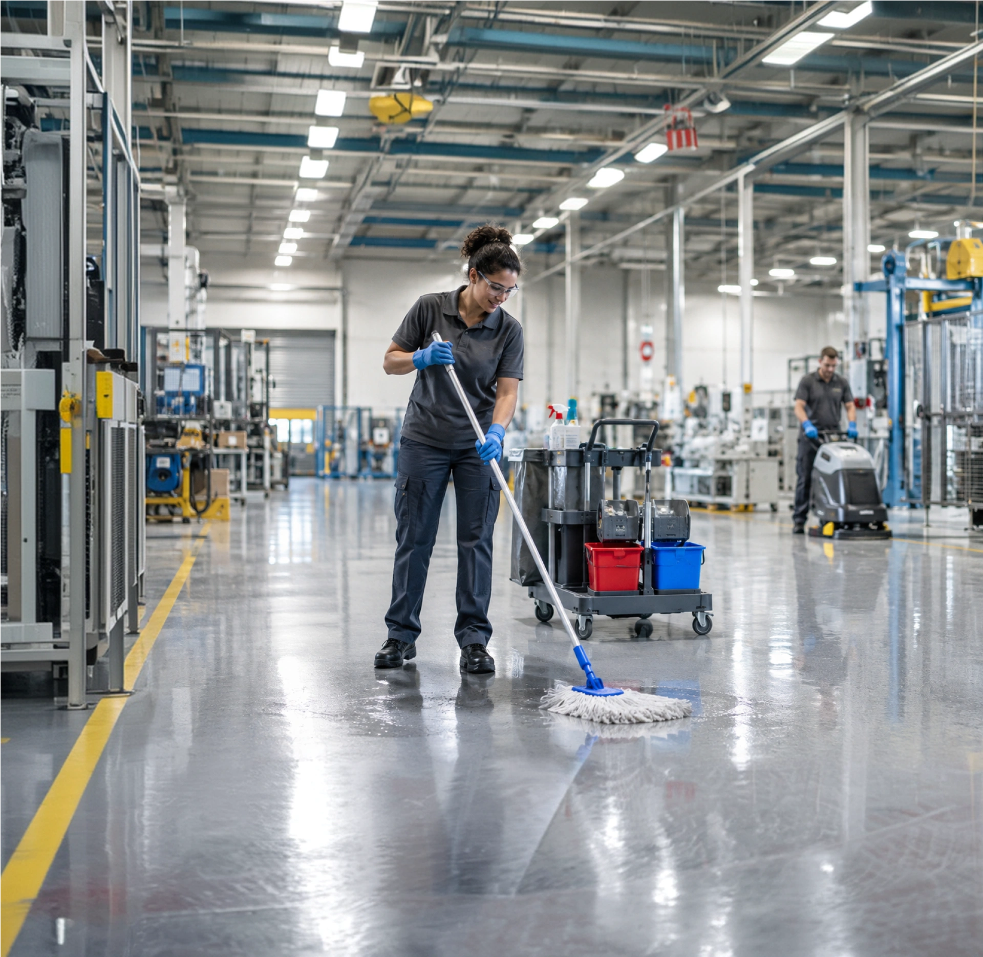 Pulizia capannoni: lavaggio del pavimento di uno stabilimento produttivo con mop