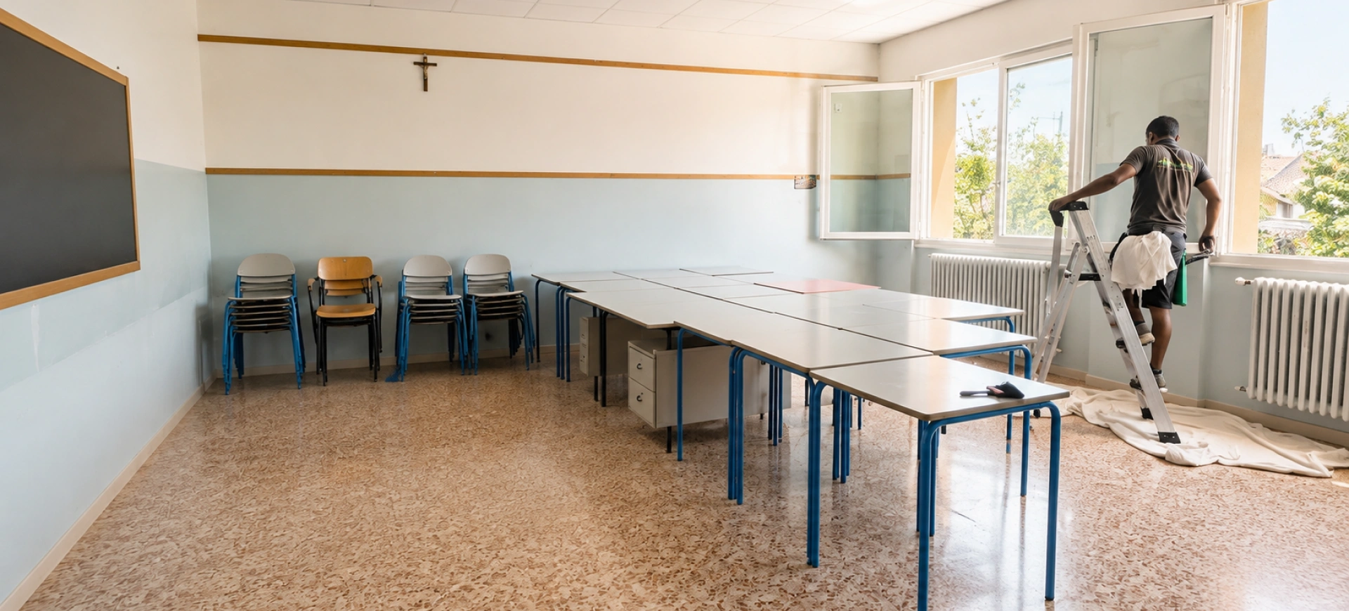 Pulizia scuole: lavaggio del pavimento di un'aula